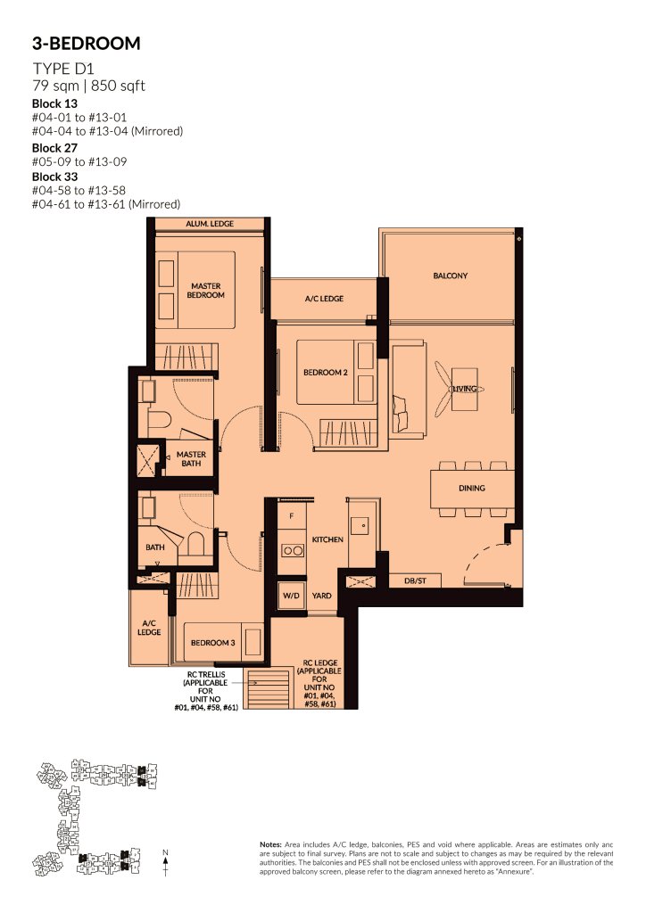 The Woodleigh Residences 3 Bedroom floor plan Type 3BR, 850 sqft, Toa Payoh, Singapore