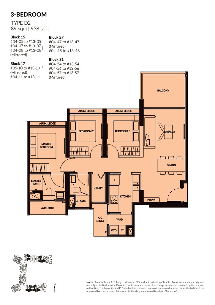 The Woodleigh Residences 3 Bedroom floor plan Type 3BR, 958 sqft, Toa Payoh, Singapore