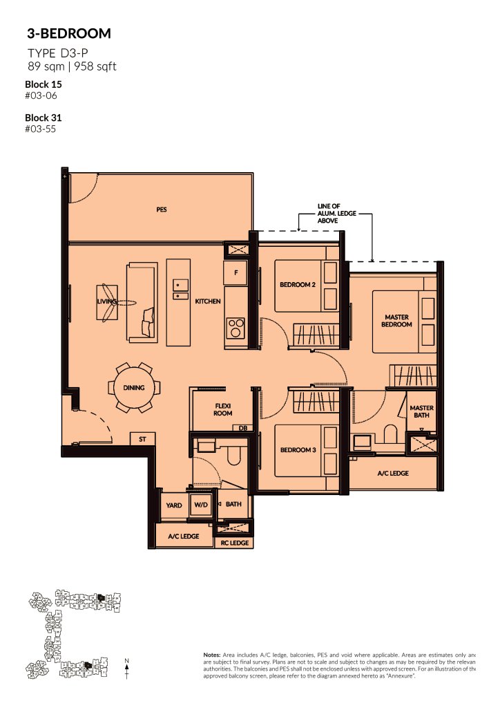 The Woodleigh Residences 3 Bedroom floor plan Type 3BR-3, 958 sqft, Toa Payoh, Singapore
