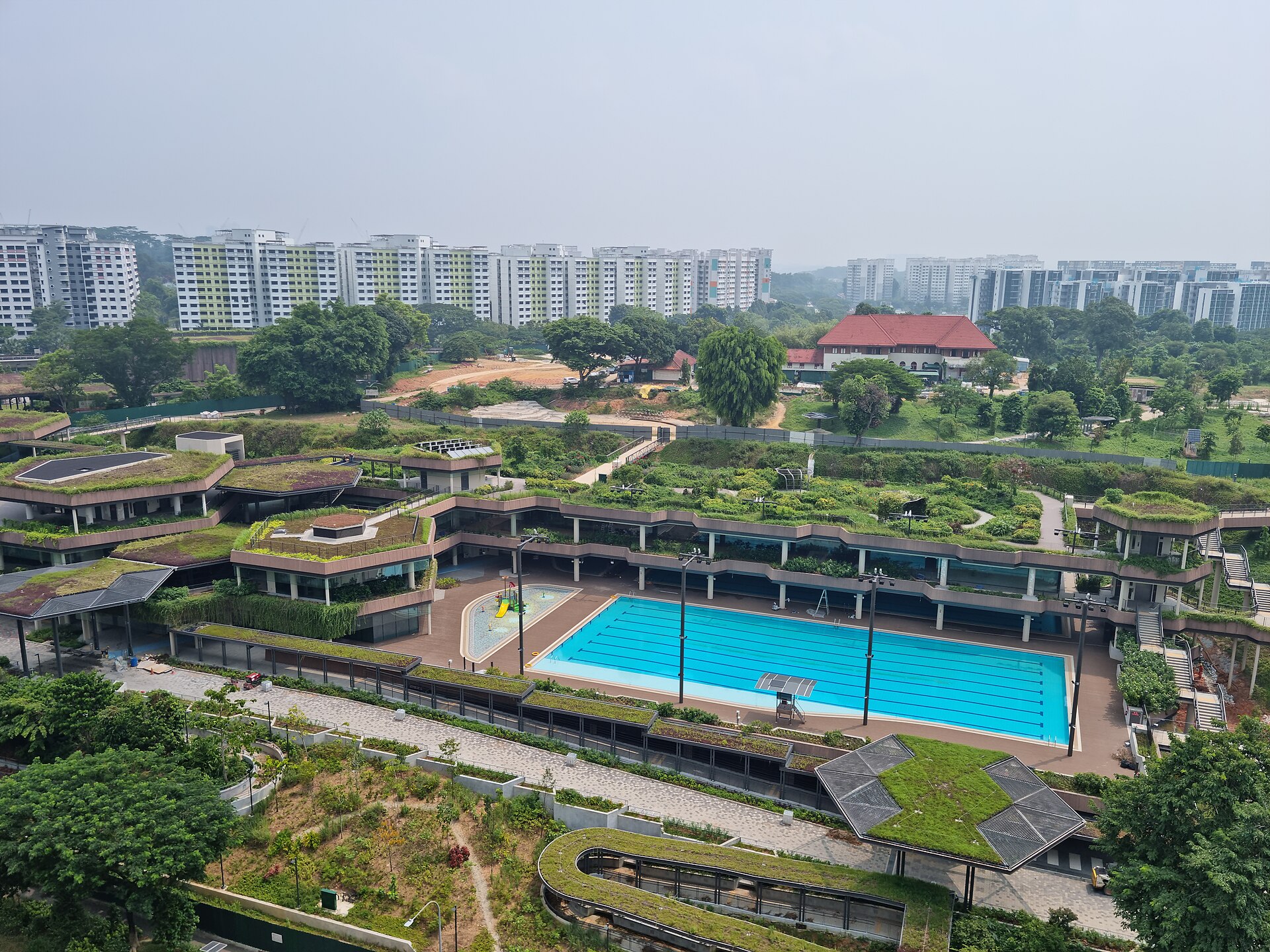 Landscaped infinity lap pool and clubhouse at a resort-style condominium in Singapore, framed by tropical greenery