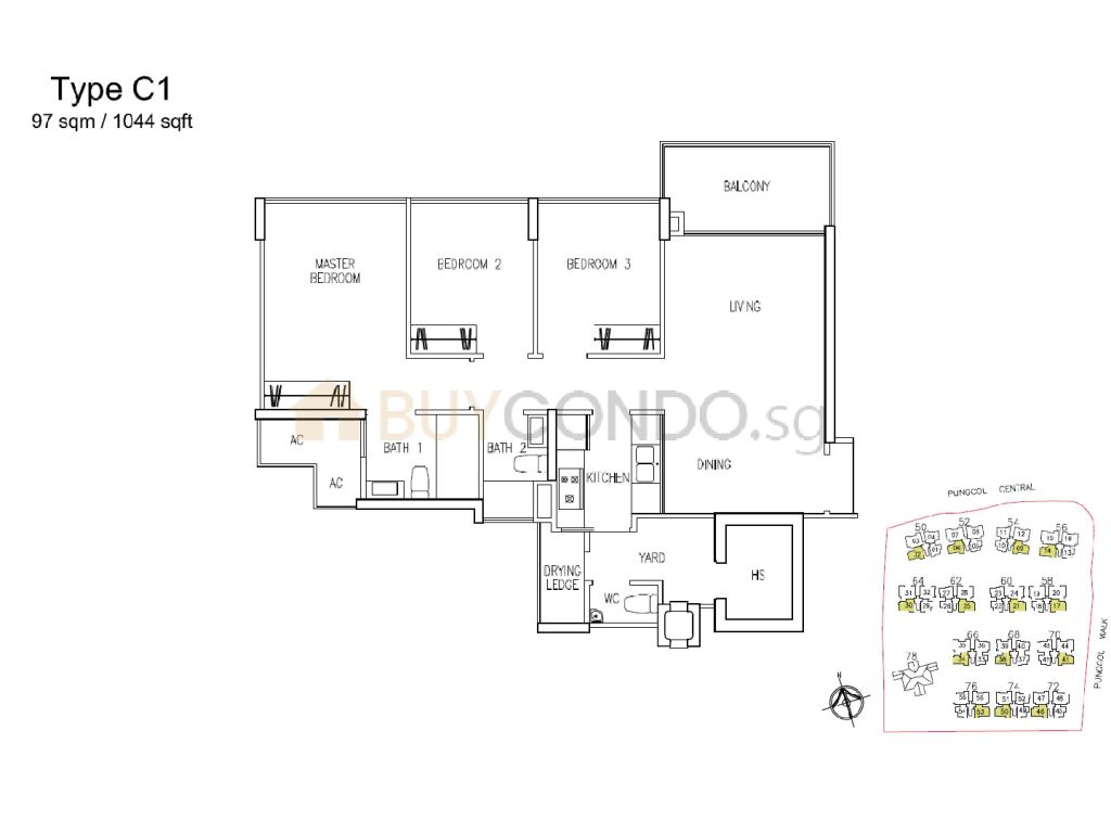 A Treasure Trove floor plan Type C1, 1044 sqft, Punggol, Singapore