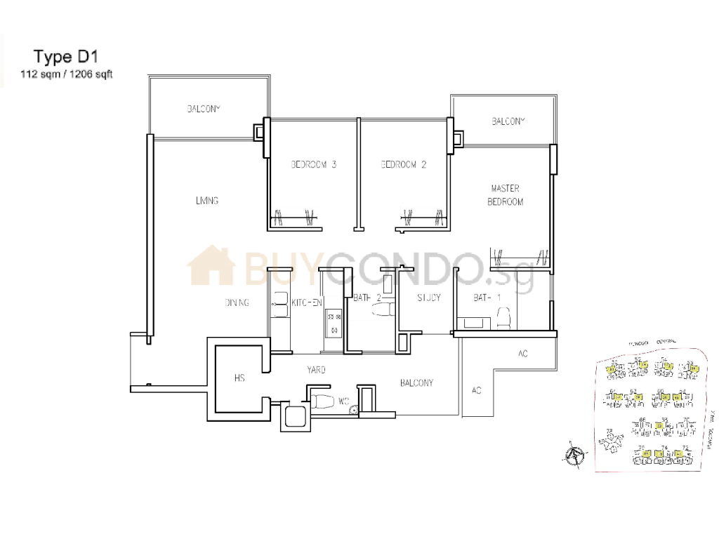 A Treasure Trove floor plan Type D1, 1206 sqft, Punggol, Singapore