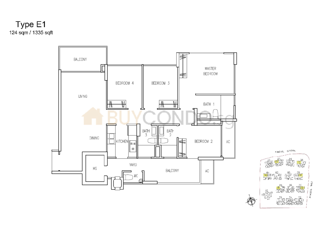 A Treasure Trove floor plan Type E1, 1335 sqft, Punggol, Singapore
