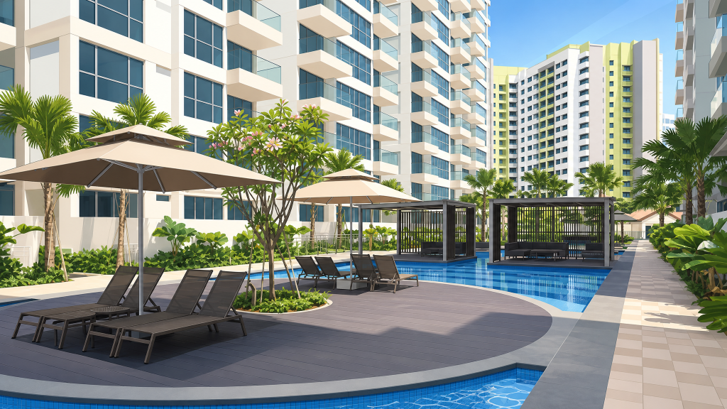 A Treasure Trove swimming pool deck with cabanas and sun loungers