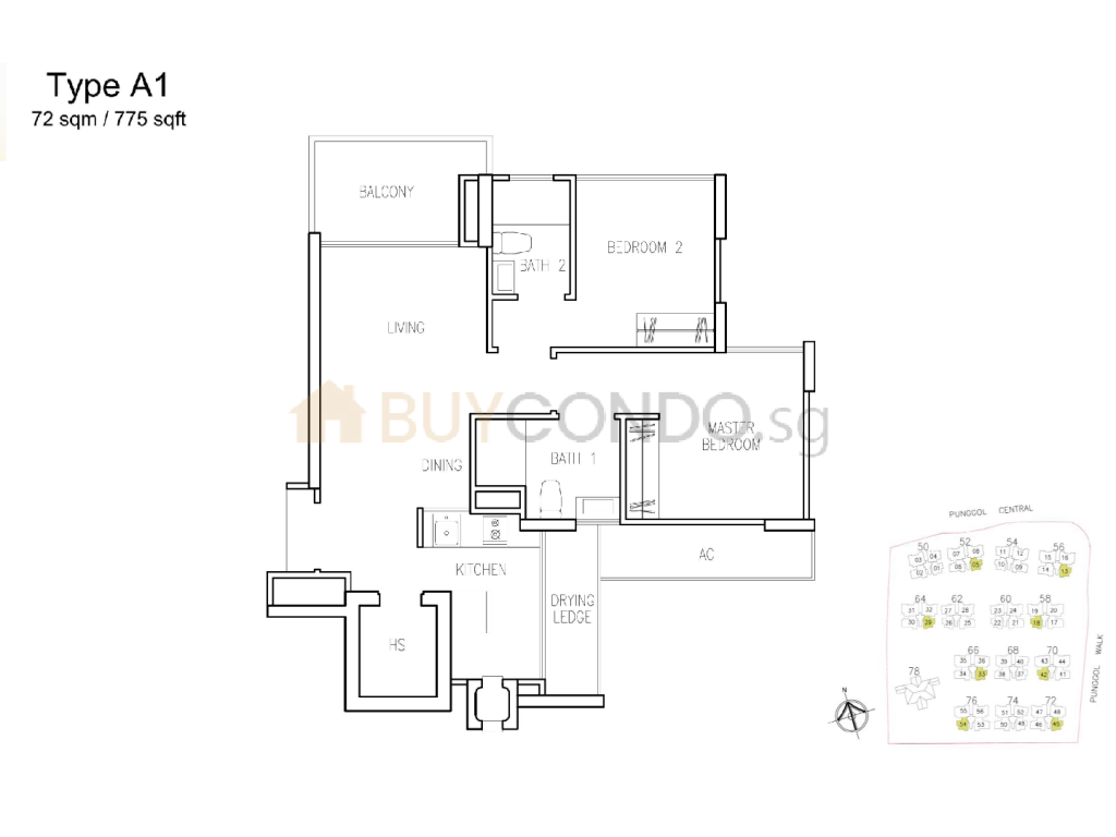 A Treasure Trove floor plan Type A1, 775 sqft, Punggol, Singapore
