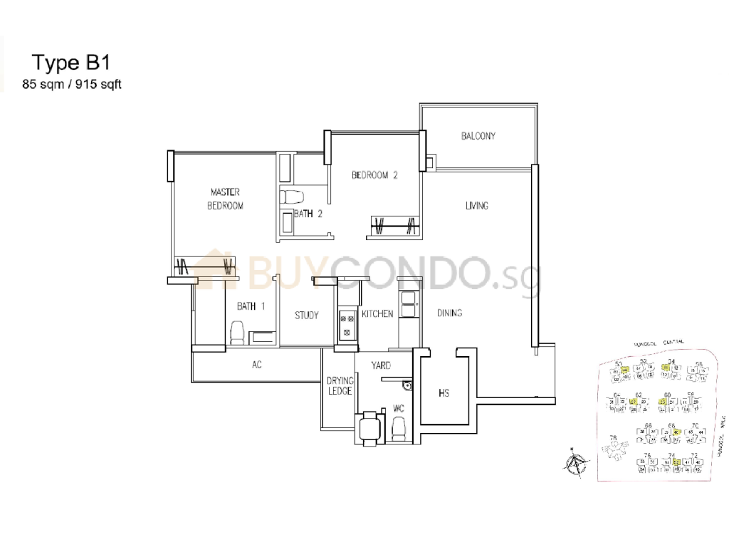 A Treasure Trove floor plan Type B1, 915 sqft, Punggol, Singapore