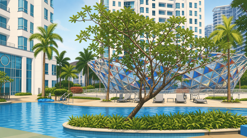 Amaryllis Ville pool and the towers framed by palms