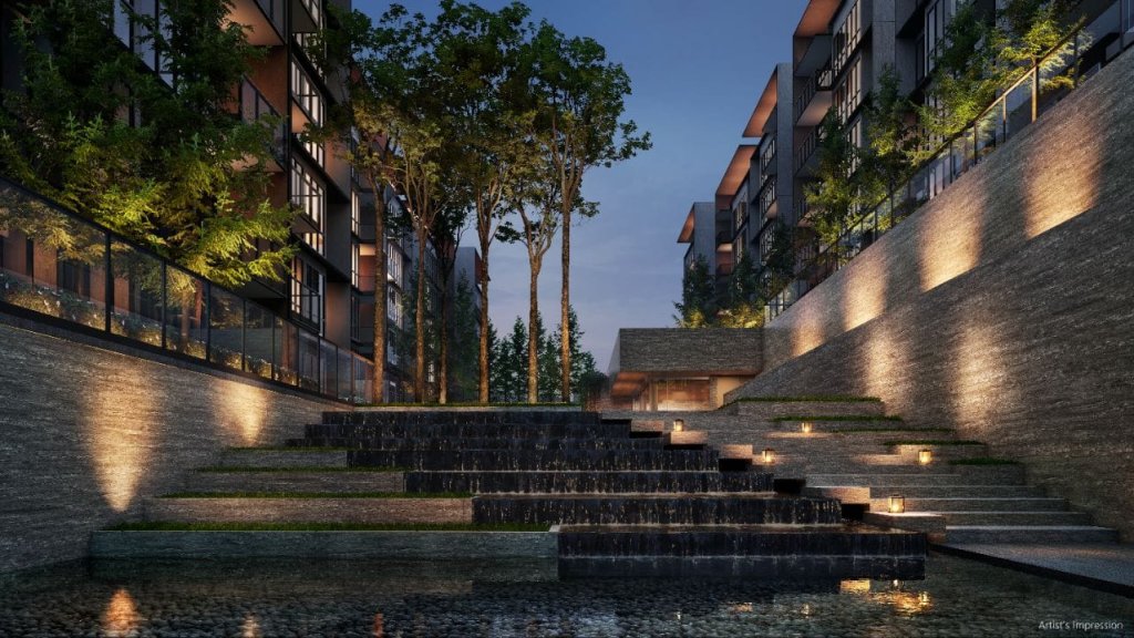 Amberwood at Holland clubhouse pavilion and water feature at night