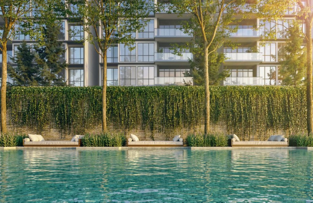Amberwood at Holland lakeside pool with green vine wall