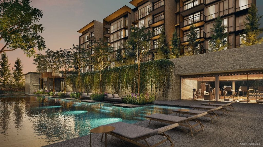 Amberwood at Holland pool deck and fitness studio at night