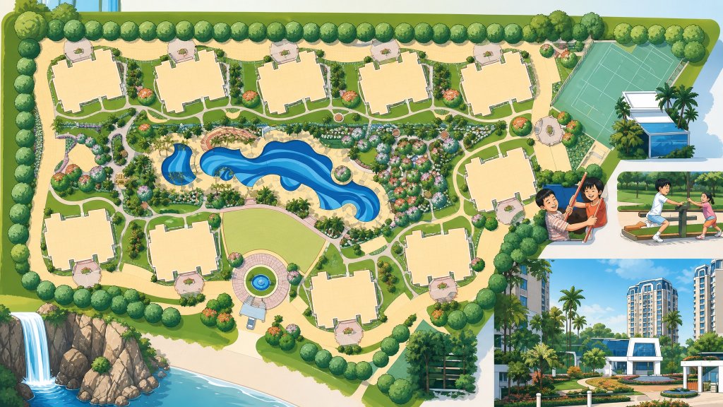 Aquarius by the Park aerial illustration of the site and facilities
