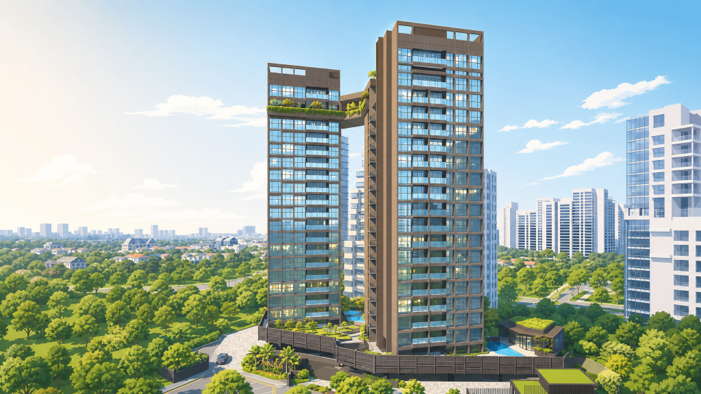 Arina East Residences tower exterior against the city skyline