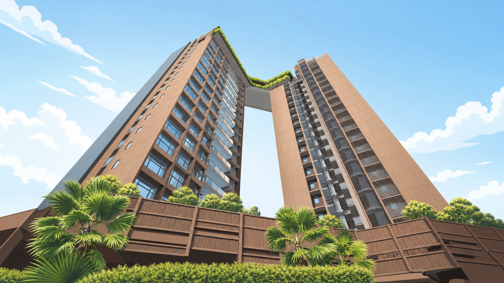 Arina East Residences tower facade and sky terraces from below