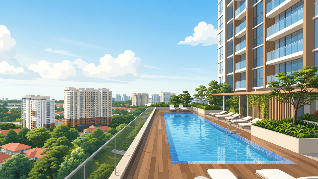 Arina East Residences rooftop lap pool with sun loungers