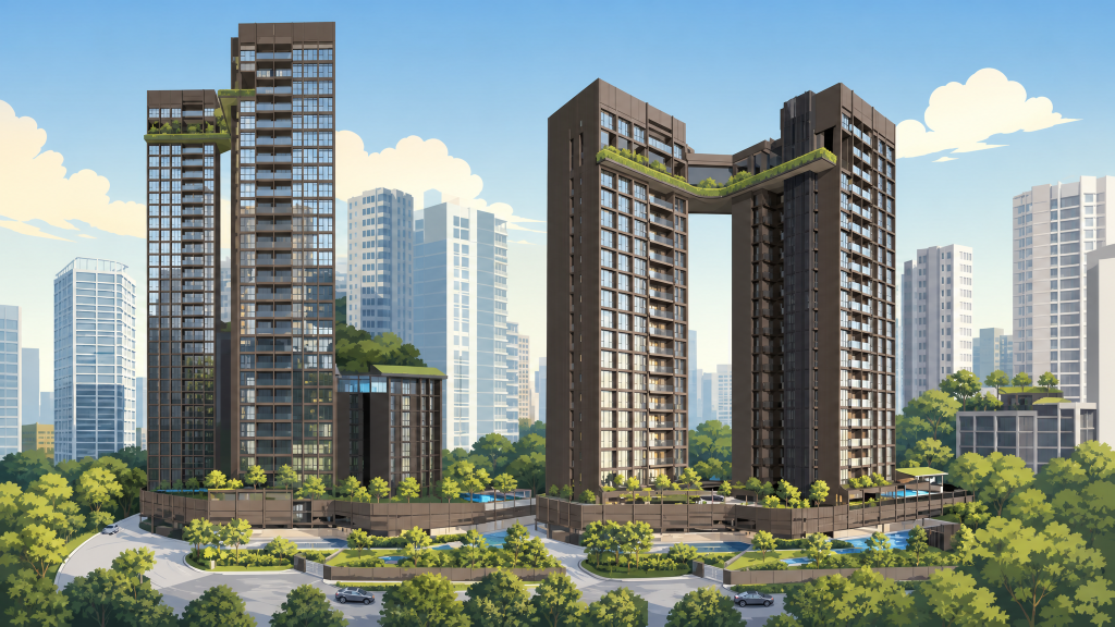 Arina East Residences condominium towers and surrounding estate