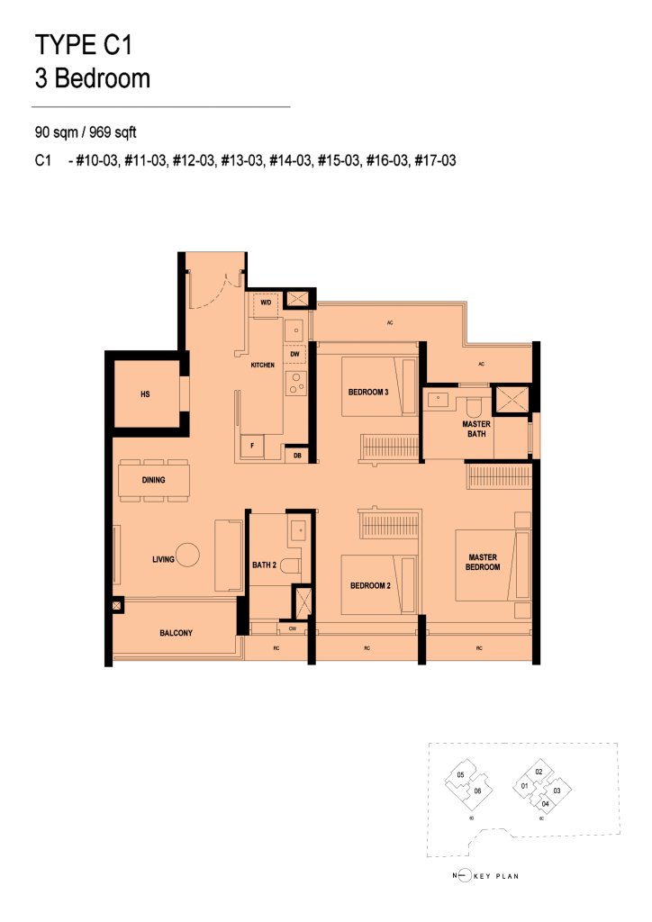 Arina East Residences floor plan Type C1, 969 sqft, Kallang, Singapore