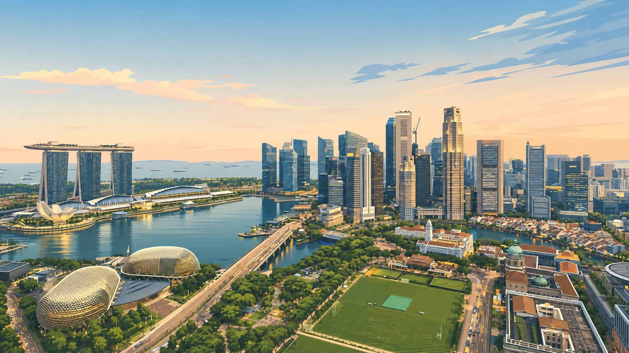 Singapore CBD skyline at dusk illustrating property vs stocks in Singapore