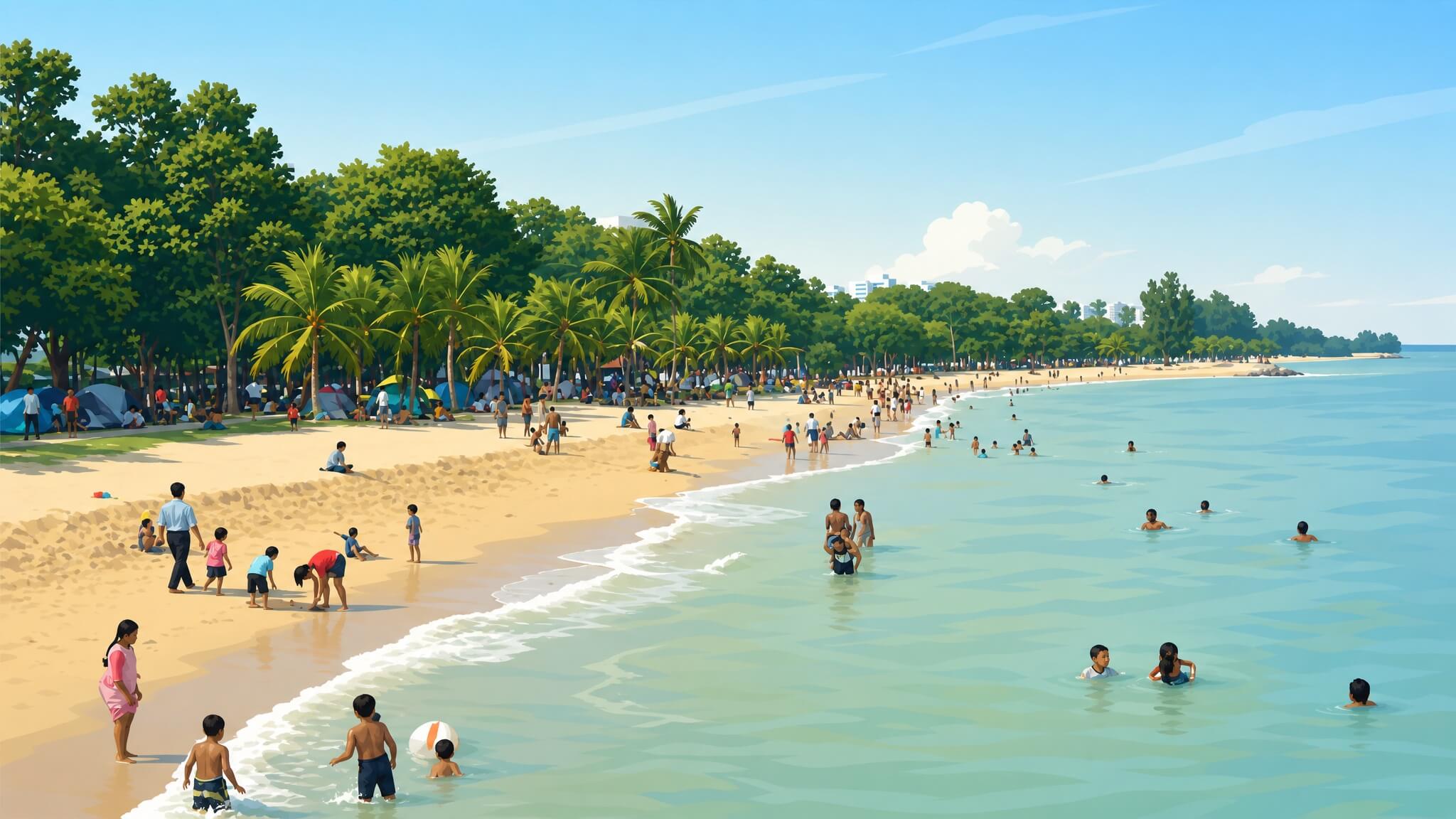 Families at East Coast Park beach - living near District 15 condos