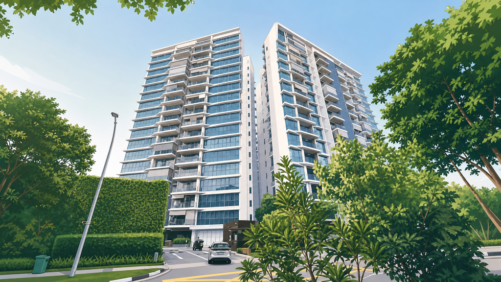Boathouse Residences tower exterior and landscaped grounds