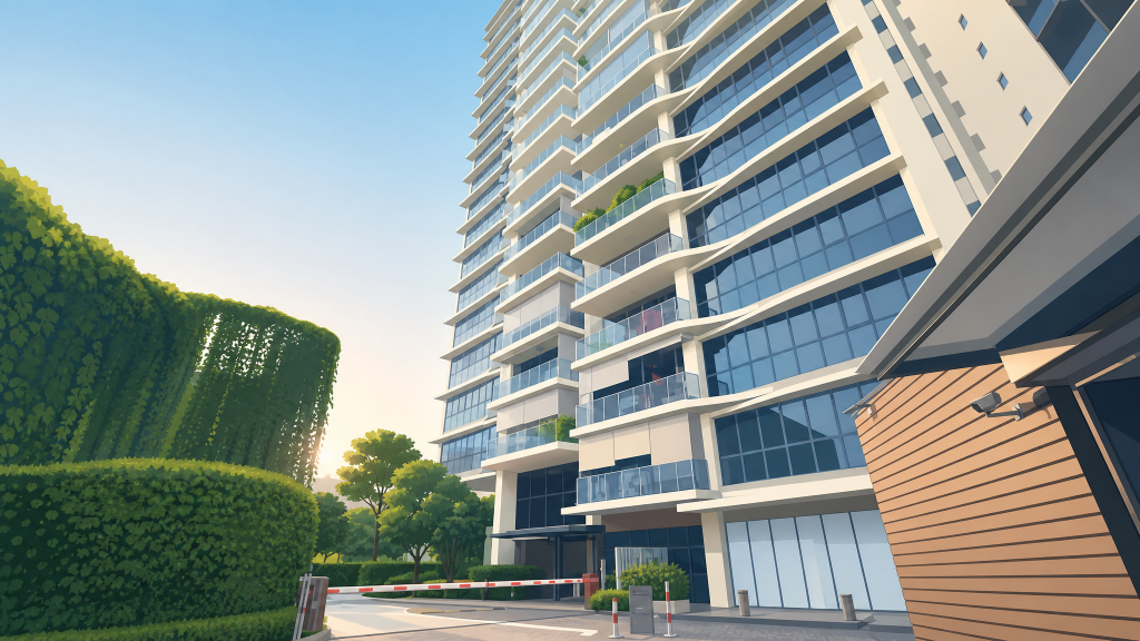 Boathouse Residences tower facade at sunset