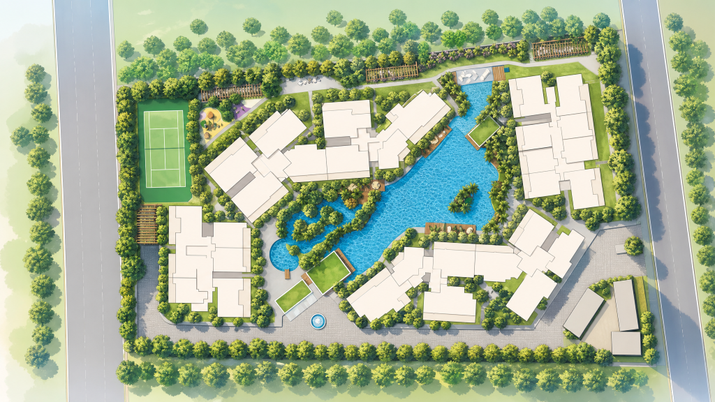 Boathouse Residences site plan showing the blocks, swimming pool and tennis court, Hougang, Singapore