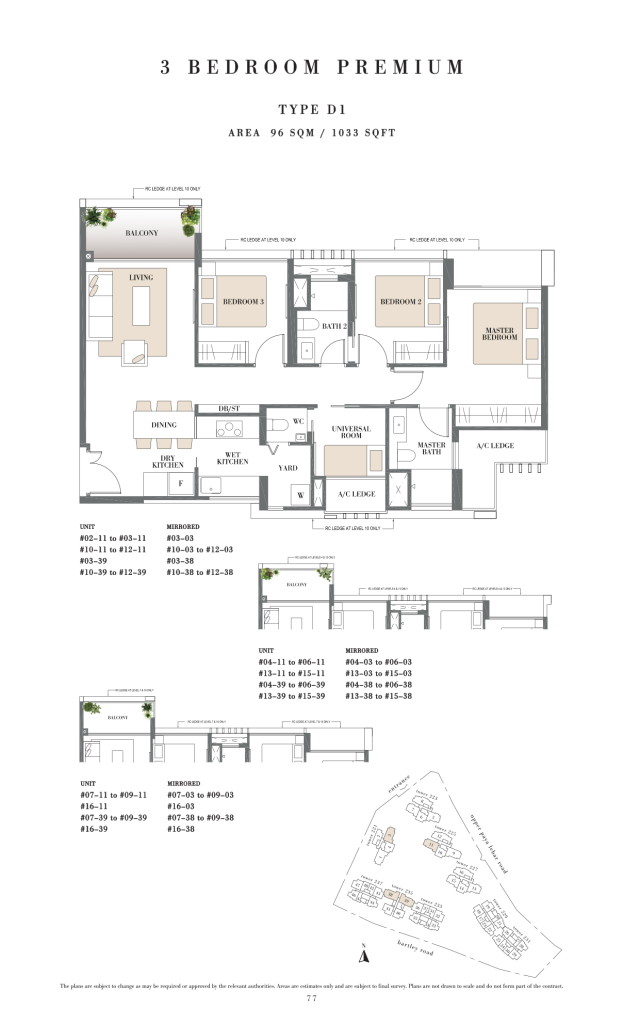 Botanique at Bartley floor plan Type D1, 1033 sqft, Serangoon, Singapore