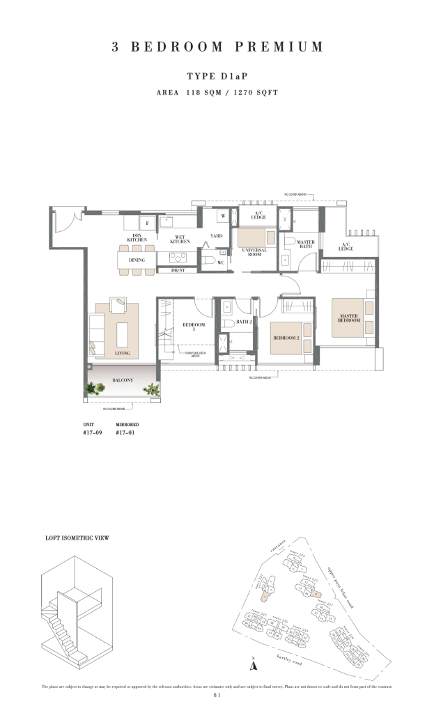 Botanique at Bartley floor plan Type D1aP, 1270 sqft, Serangoon, Singapore