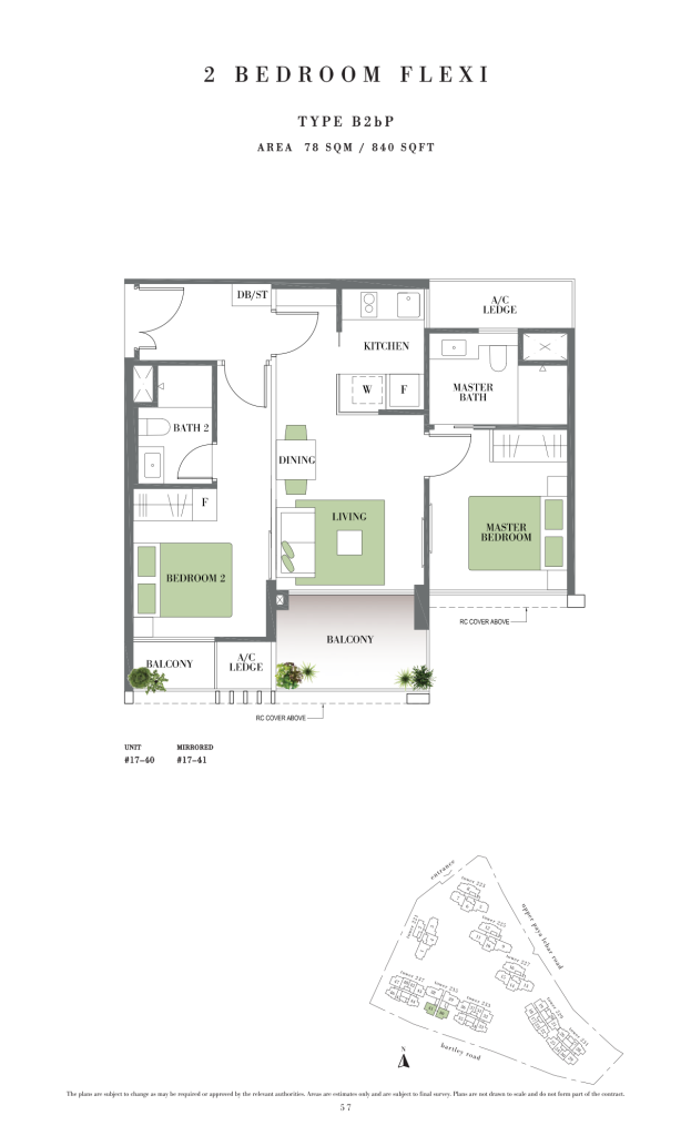 Botanique at Bartley floor plan Type B2bP, 840 sqft, Serangoon, Singapore