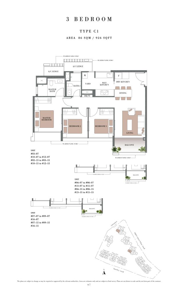Botanique at Bartley floor plan Type C1, 926 sqft, Serangoon, Singapore