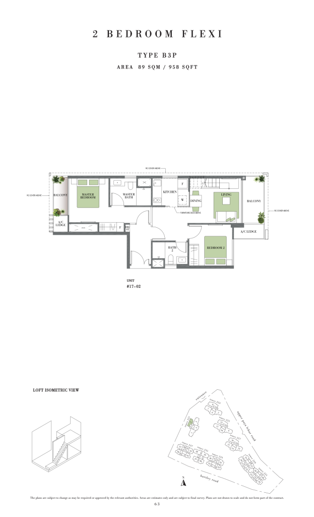 Botanique at Bartley floor plan Type B3P, 958 sqft, Serangoon, Singapore