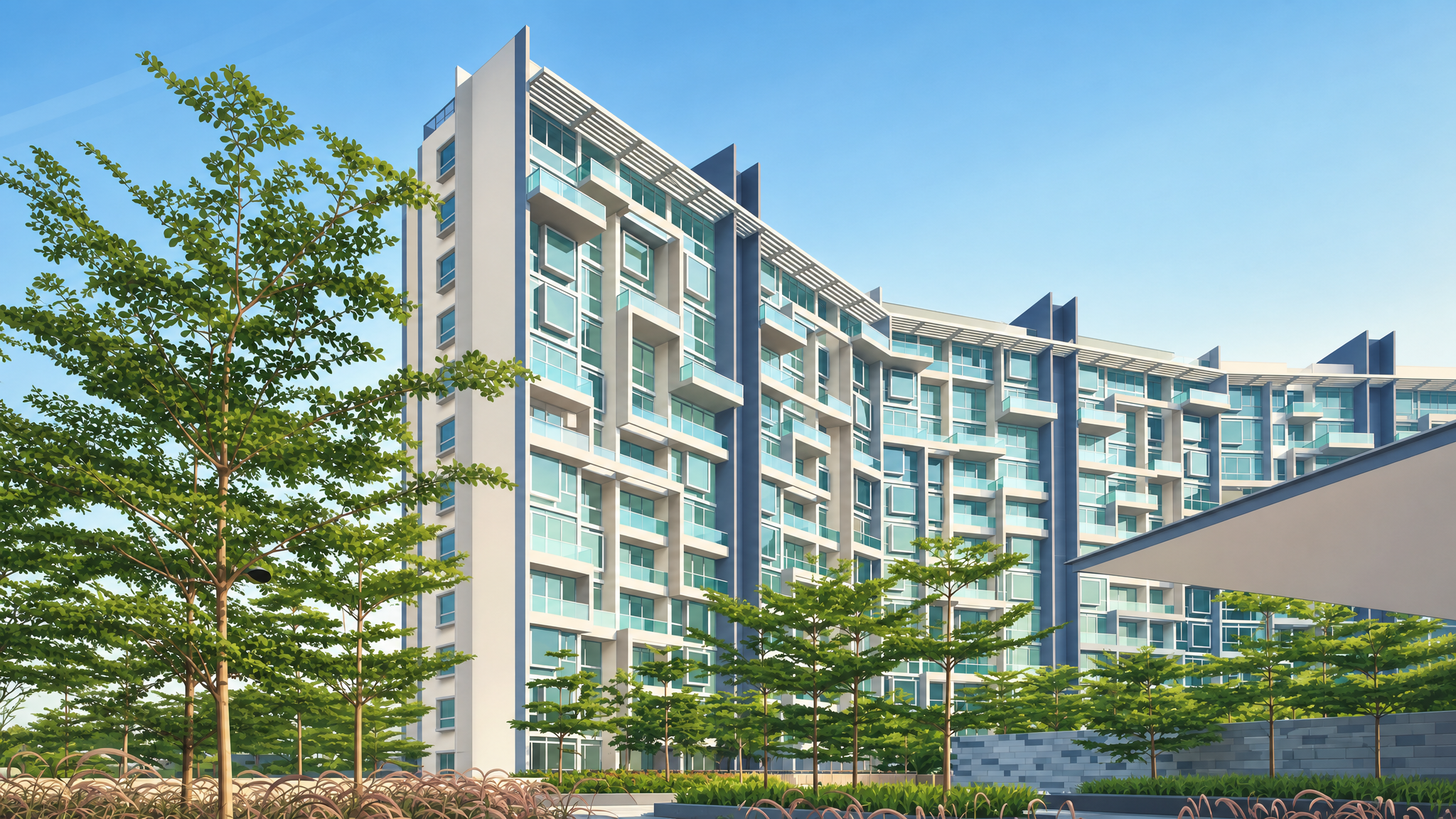 Botannia curved block facade and landscaped frontage