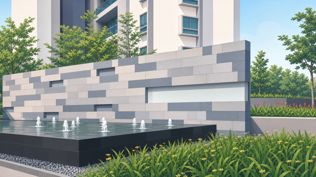 Botannia pool and blocks framed by palms