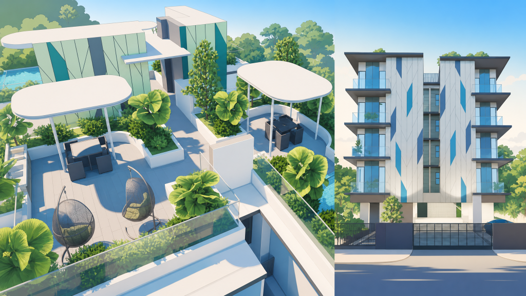 Carpmael Thirty-Eight rooftop terrace with pergola and daybeds