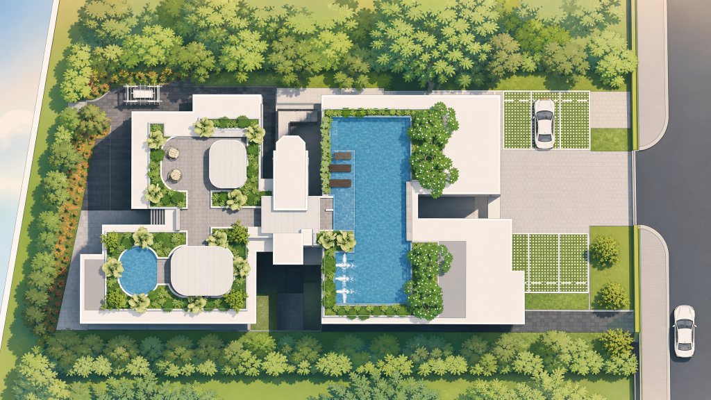 Carpmael Thirty-Eight aerial view of the site and pool