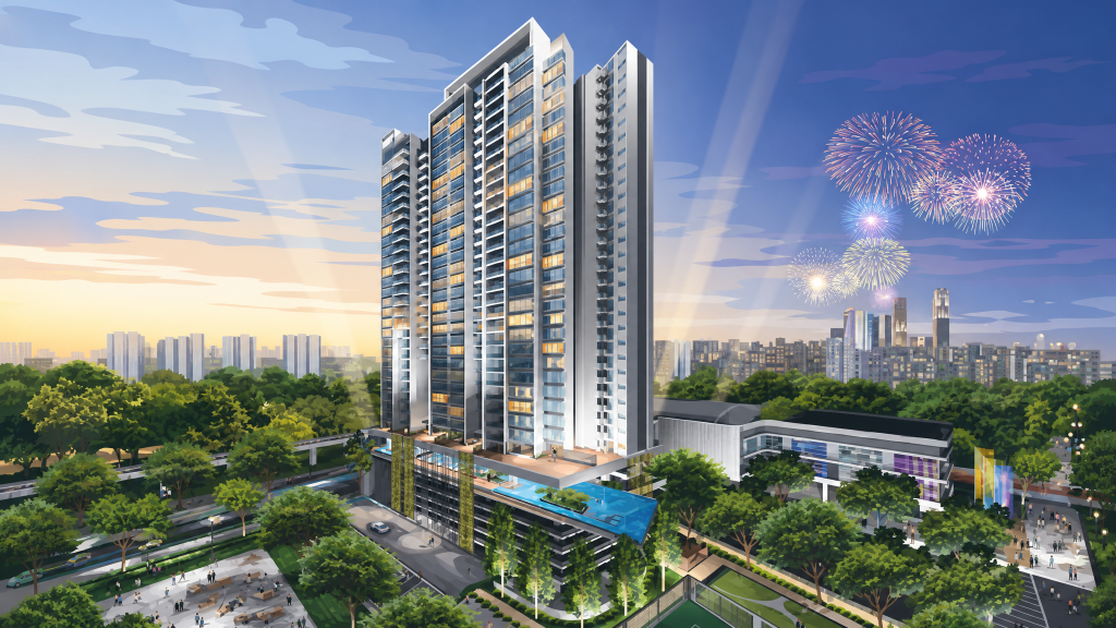 Centro Residences condominium tower above the neighbourhood