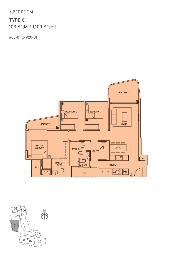 Coastline Residences floor plan Type C1, 1109 sqft, Marine Parade, Singapore