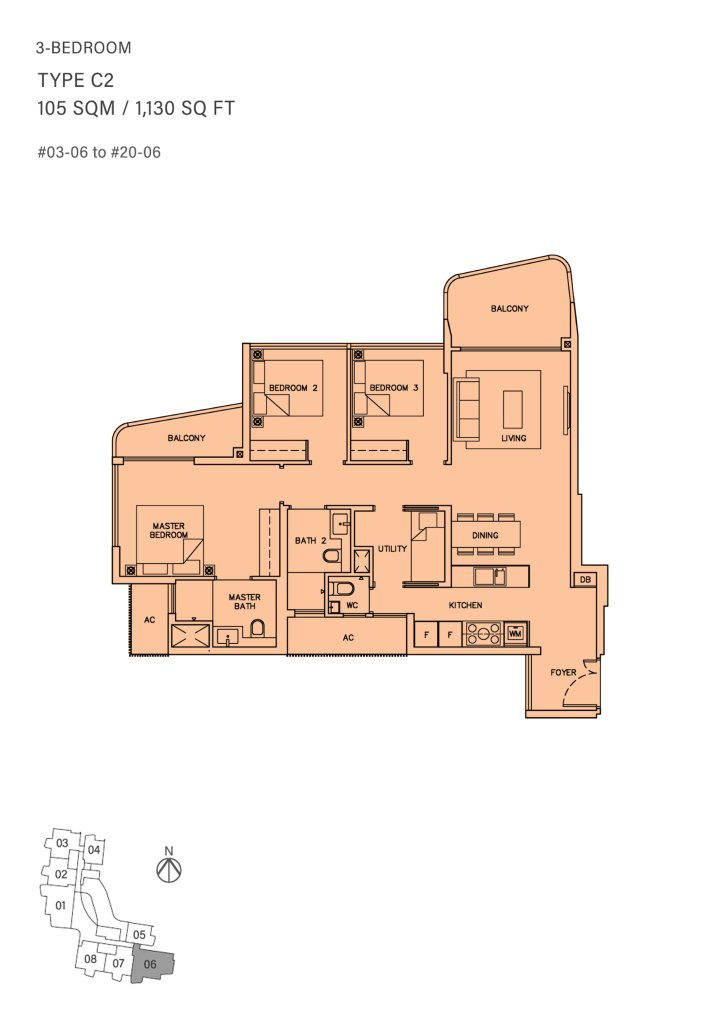 Coastline Residences floor plan Type C2, 1130 sqft, Marine Parade, Singapore