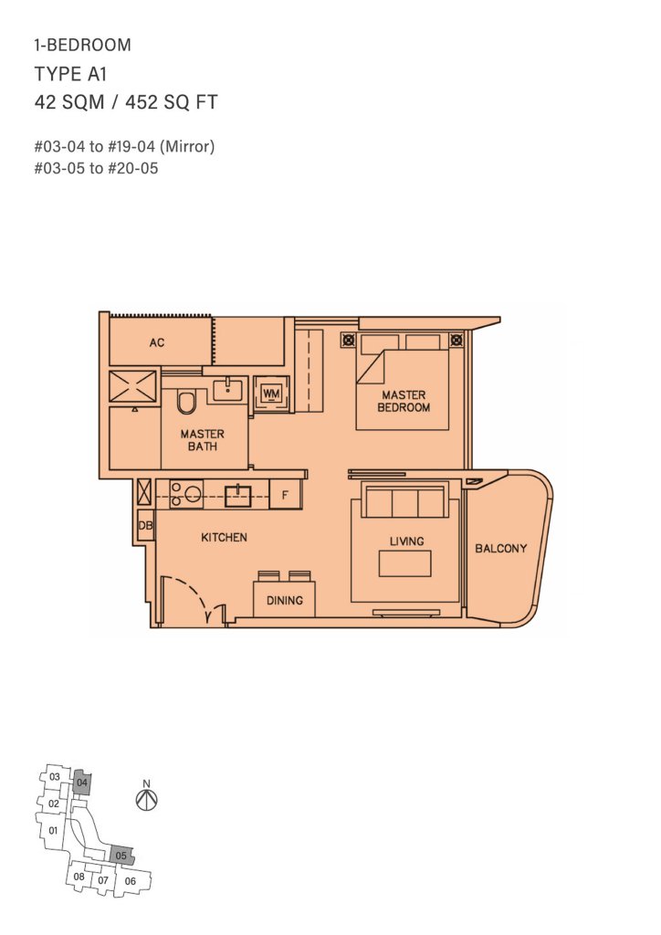 Coastline Residences floor plan Type A1, 452 sqft, Marine Parade, Singapore