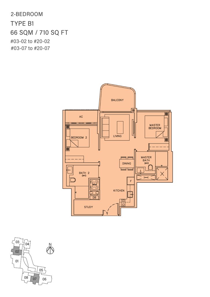 Coastline Residences floor plan Type B1, 710 sqft, Marine Parade, Singapore