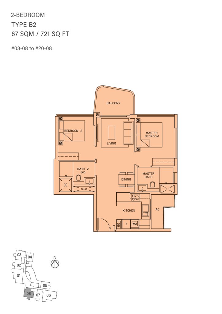 Coastline Residences floor plan Type B2, 721 sqft, Marine Parade, Singapore