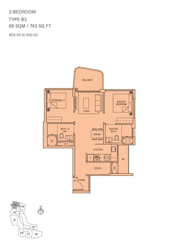 Coastline Residences floor plan Type B3, 743 sqft, Marine Parade, Singapore