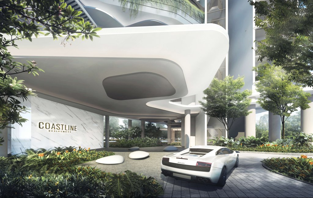 Coastline Residences sculptural entrance canopy and lobby drop-off