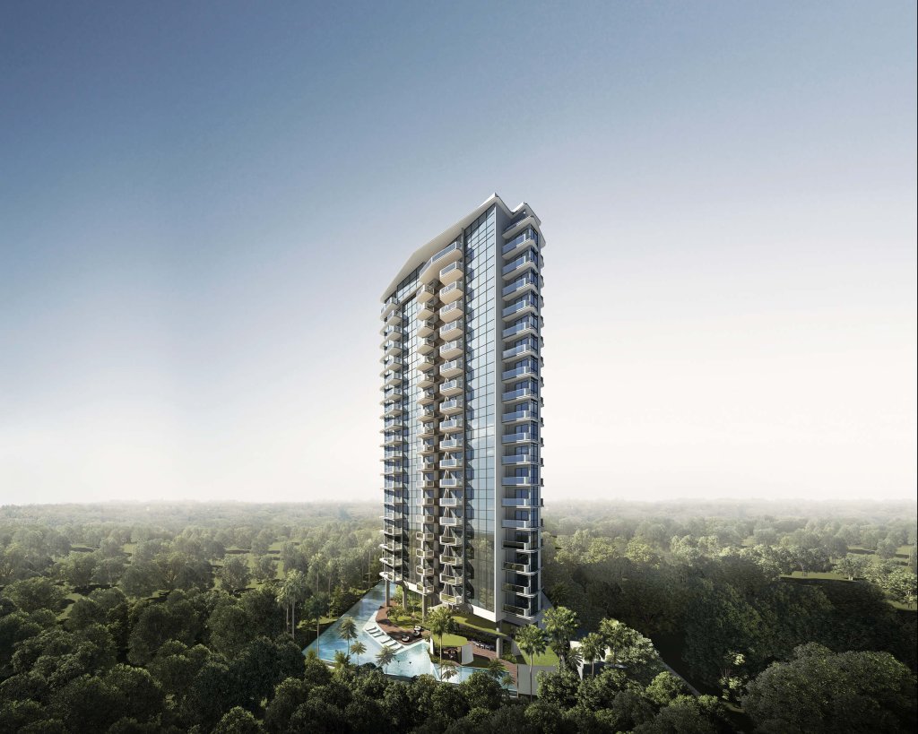 Coastline Residences tower exterior above the tree canopy