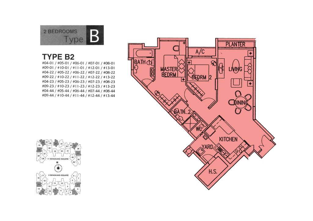 Compass Heights floor plan Type B2, 1055 sqft, Sengkang, Singapore