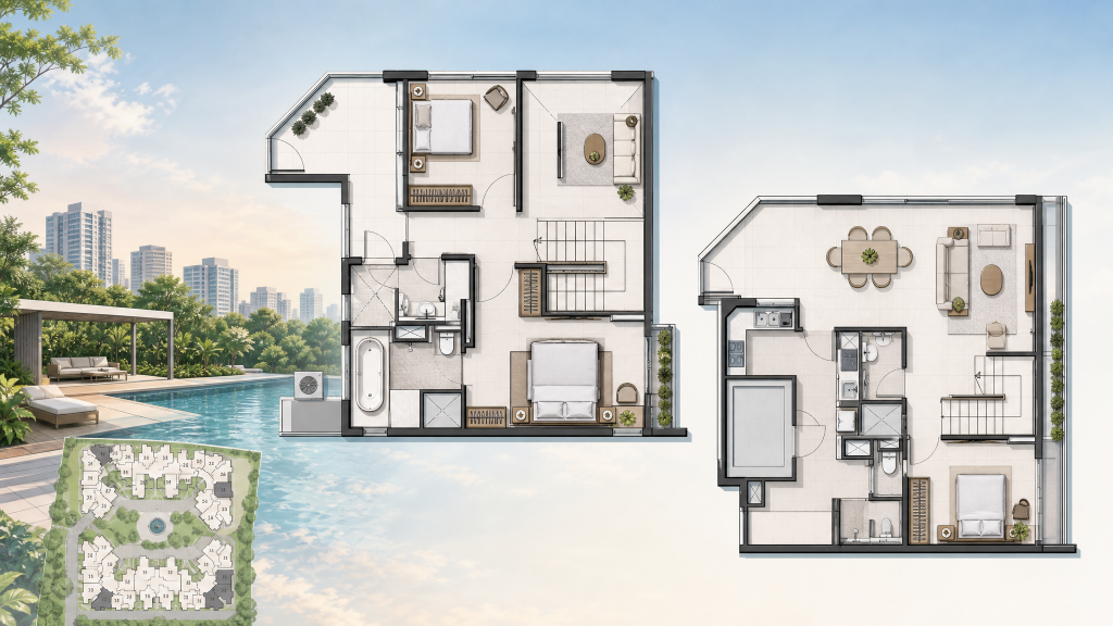 Compass Heights illustrated two-unit layout with pool view, Sengkang, Singapore