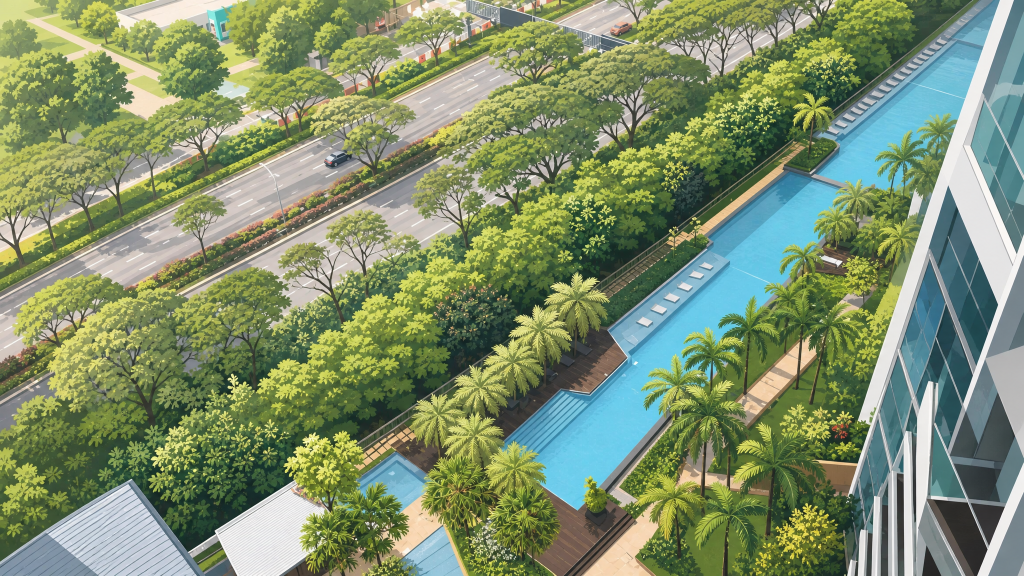 Cote D'Azur aerial view of the lap pool and greenery