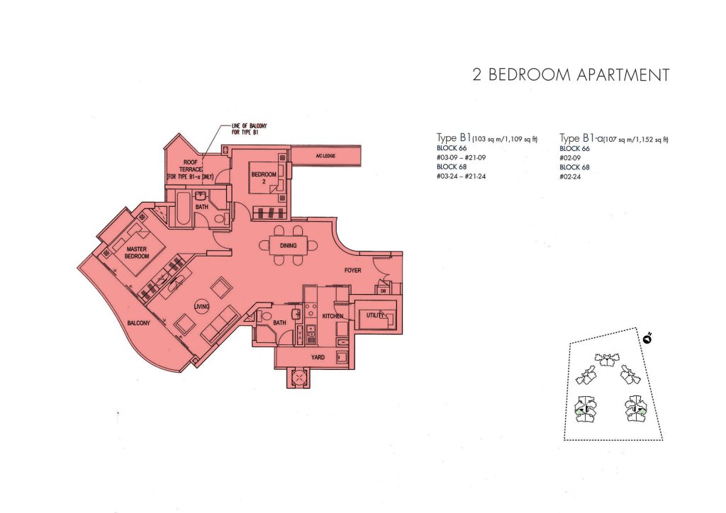 Cote D'Azur floor plan Type B1, 1109 sqft, Marine Parade, Singapore