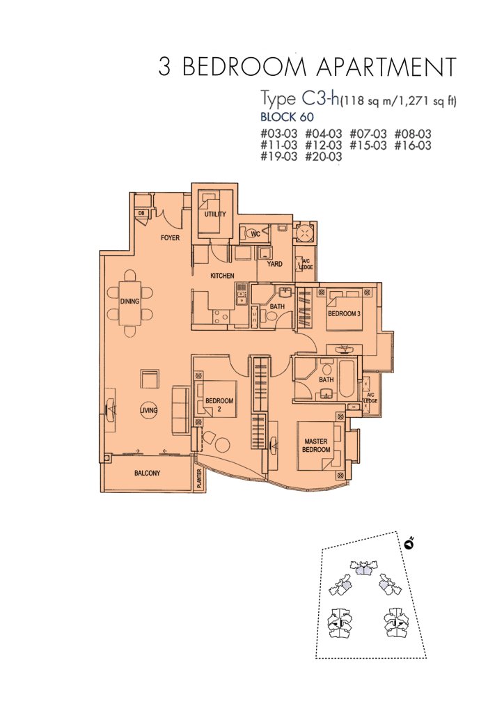 Cote D'Azur floor plan Type C3, 1270 sqft, Marine Parade, Singapore