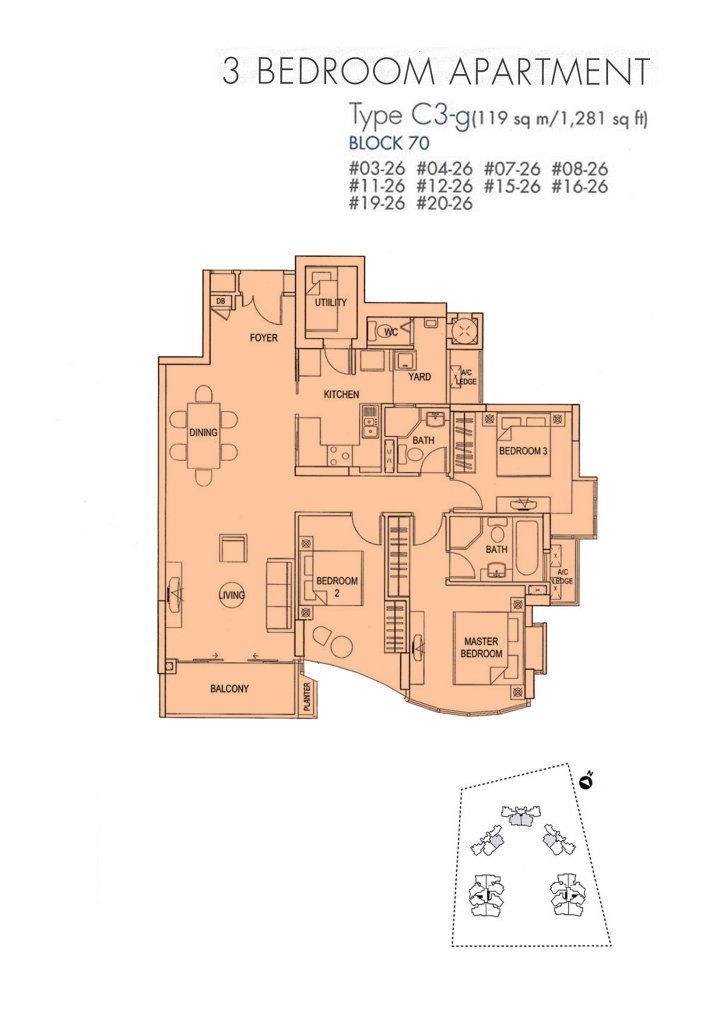 Cote D'Azur floor plan Type C3, 1281 sqft, Marine Parade, Singapore
