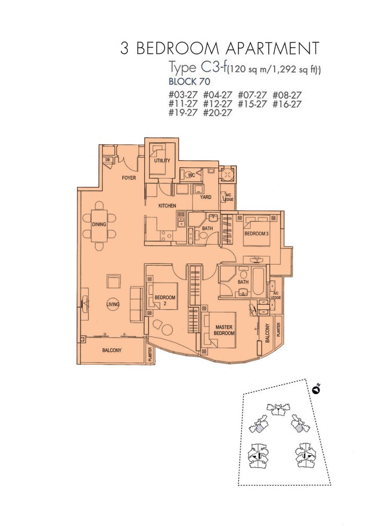 Cote D'Azur floor plan Type C3, 1292 sqft, Marine Parade, Singapore